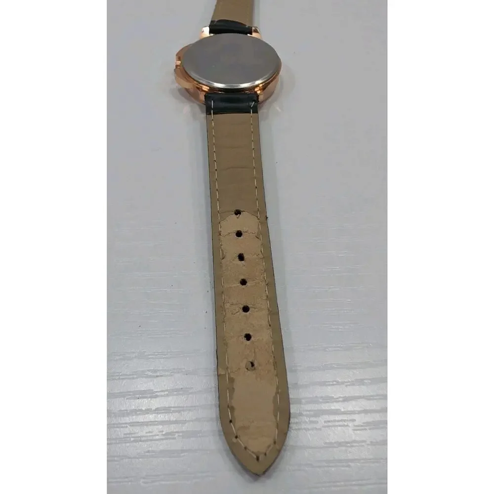 Rose Gold Star Pattern Womens Watch Black Faux Leather Band New Battery W332